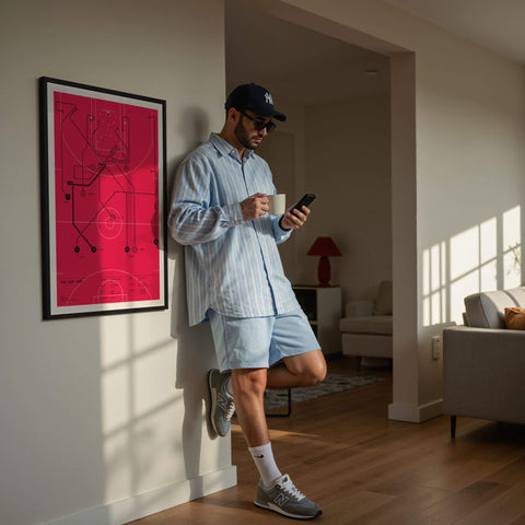 Lifestyle mock-up: man in Yankees cap sipping coffee, checking phone beside framed red “The Last Shot” basketball diagram print.