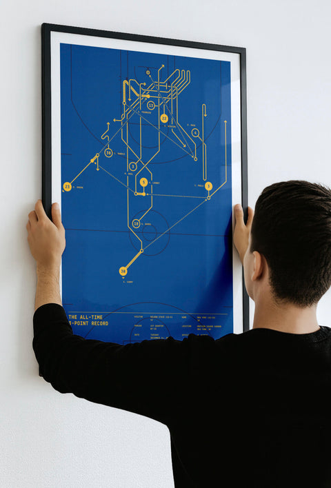 Person hanging black-framed “The All-Time 3-Point Record” basketball play-diagram print on a white wall.