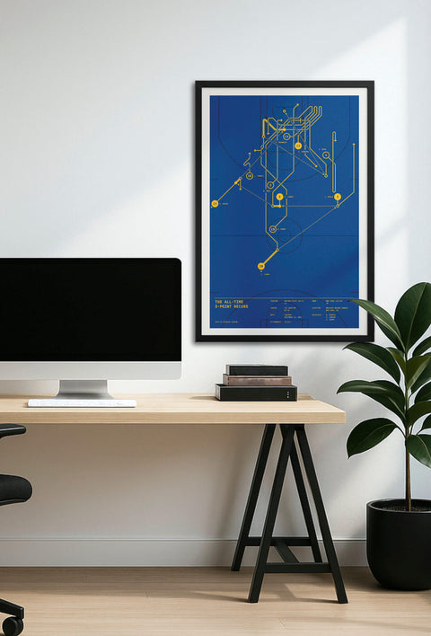Framed “The All-Time 3-Point Record” play-diagram poster displayed above a minimalist home-office desk, showing wall scale.