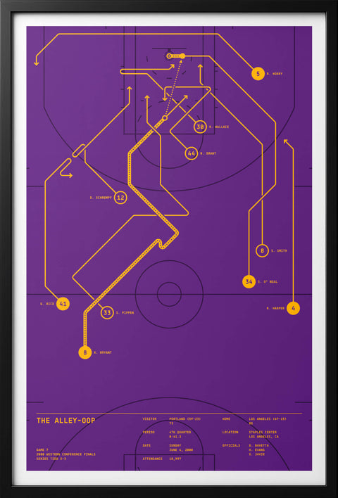 Straight-on view of “The Alley-Oop” basketball play-diagram print in a black frame with white border.