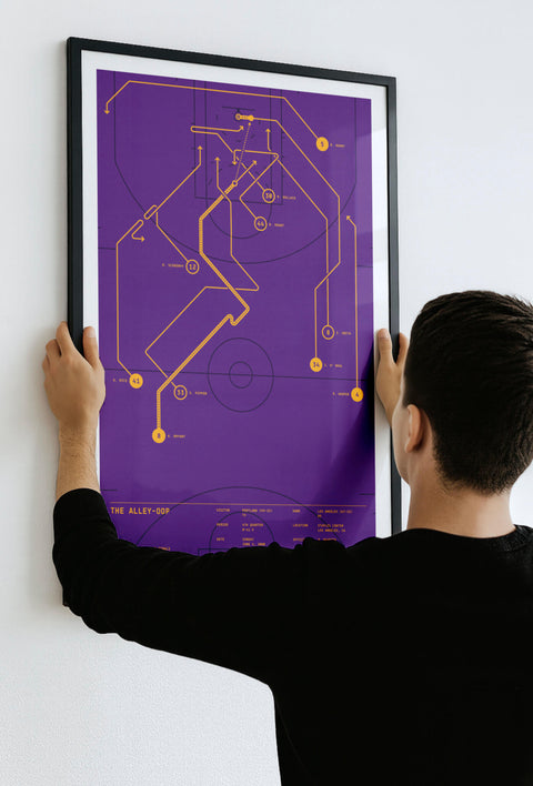Person hanging black-framed “The Alley-Oop” basketball play-diagram print on a white wall.
