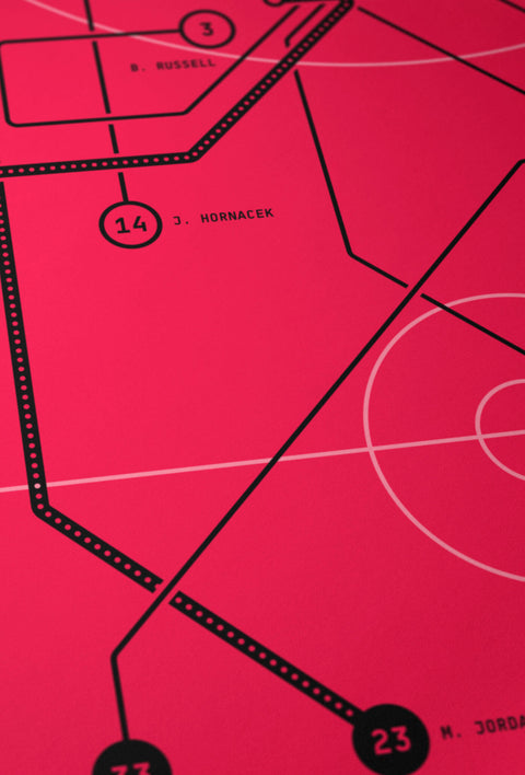 Close-up of archival giclée lines and vibrant ink on “The Last Shot” basketball diagram print.