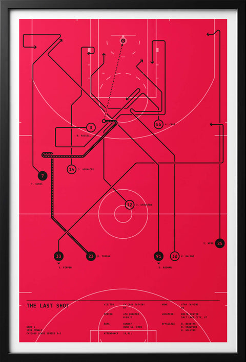 Straight-on view of “The Last Shot” basketball play-diagram print in a black frame with white border.