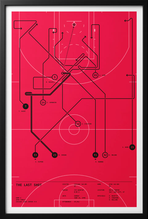 Straight-on view of “The Last Shot” basketball play-diagram print in black frame with white border.