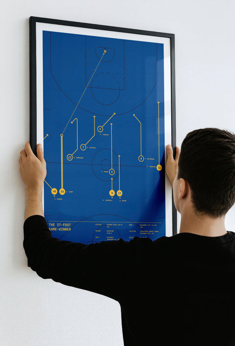Person hanging black-framed “The 37-Foot Game-Winner” basketball play-diagram print on white wall.