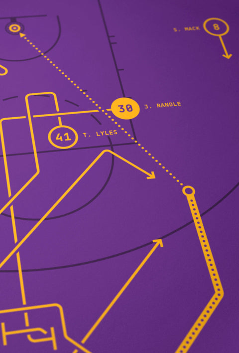 Close-up of archival giclée lines and vibrant ink on “The 60-Point Finale” basketball diagram print.