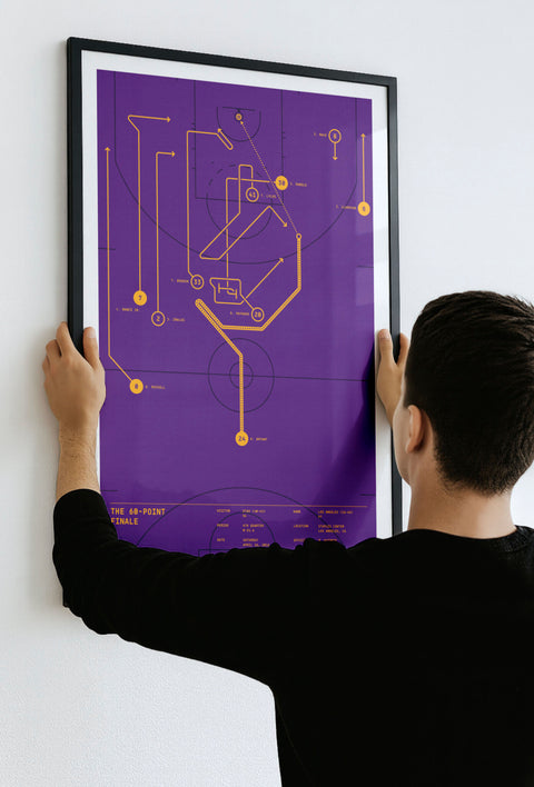 Person hanging black-framed “The 60-Point Finale” basketball play-diagram print on a white wall.