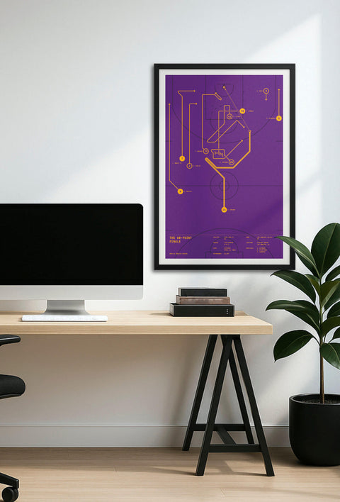 Framed “The 60-Point Finale” play-diagram poster displayed above a minimalist home-office desk, showing wall scale.