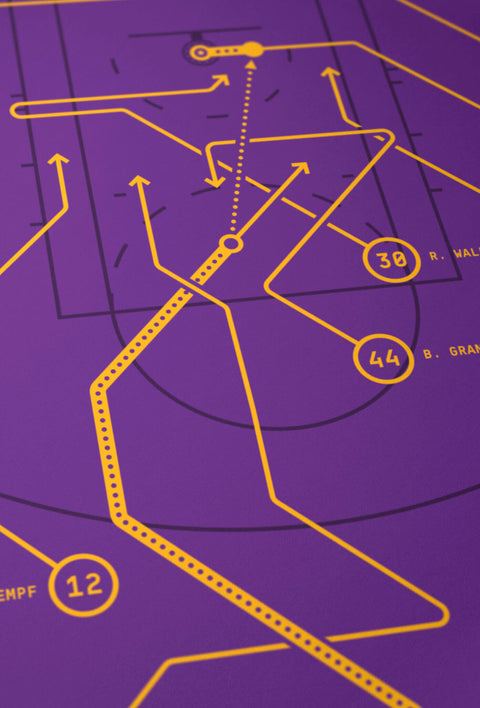 Close-up of archival giclée lines and vibrant ink on “The Alley-Oop” basketball diagram print.