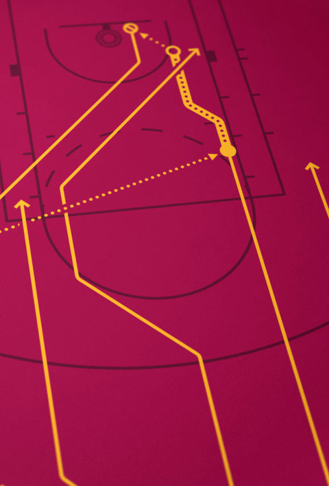 Close-up of archival giclée lines and vibrant ink on “The Block” basketball diagram print.