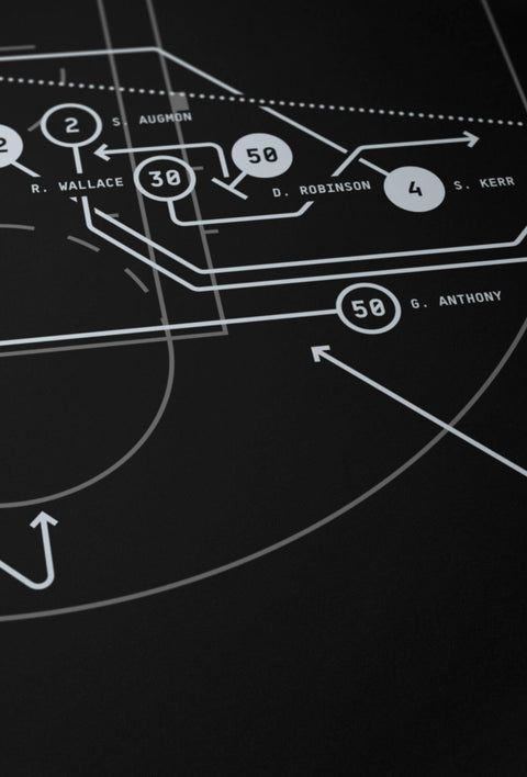 Close-up of archival giclée lines and vibrant ink on “The Memorial Day Miracle” basketball diagram print.