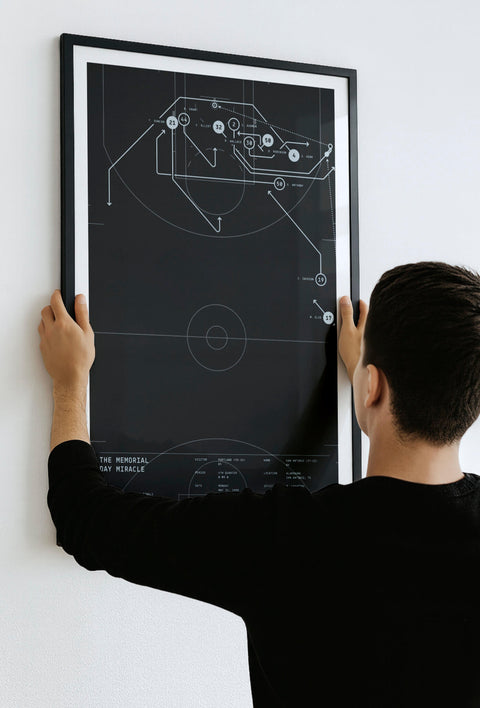 Person hanging black-framed “The Memorial Day Miracle” basketball play-diagram print on a white wall.