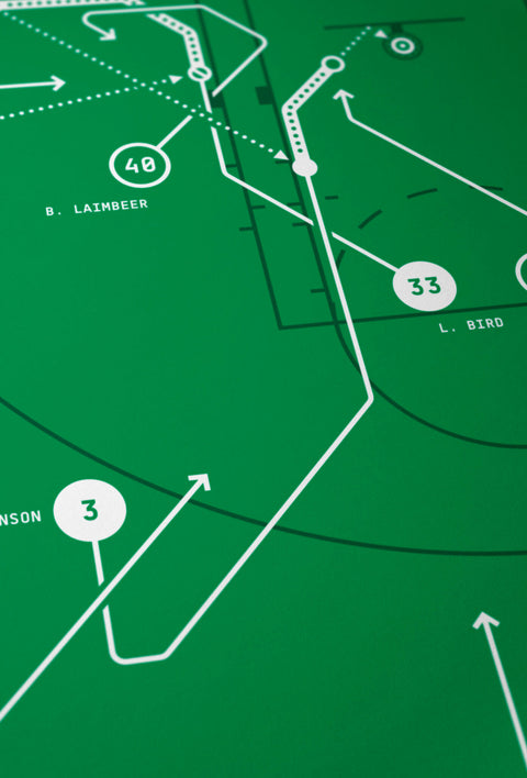 Close-up of archival giclée lines and vibrant ink on “The Steal” basketball diagram print.