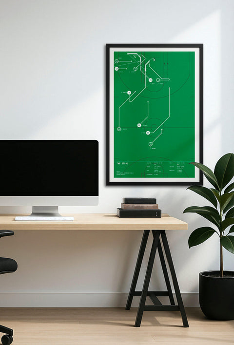Framed “The Steal” play-diagram poster displayed above a minimalist home-office desk, showing wall scale.